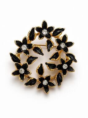 Vintage Schöffel Austria Black Enamel Rhinestone Floral Wreath Brooch Crown